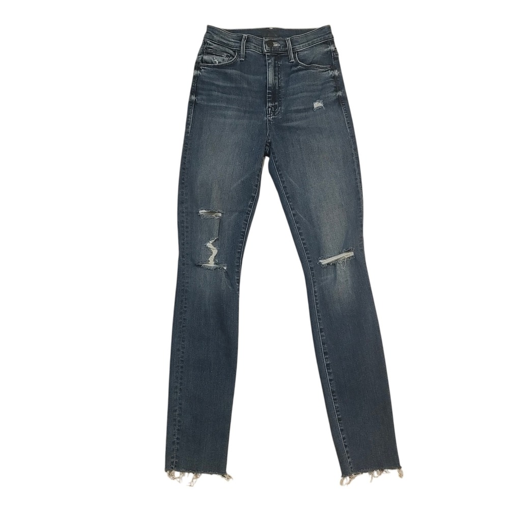 Mother The Swooner Ankle Fray Jeans Dark Blue Wash Distressed Skinny Grunge 24